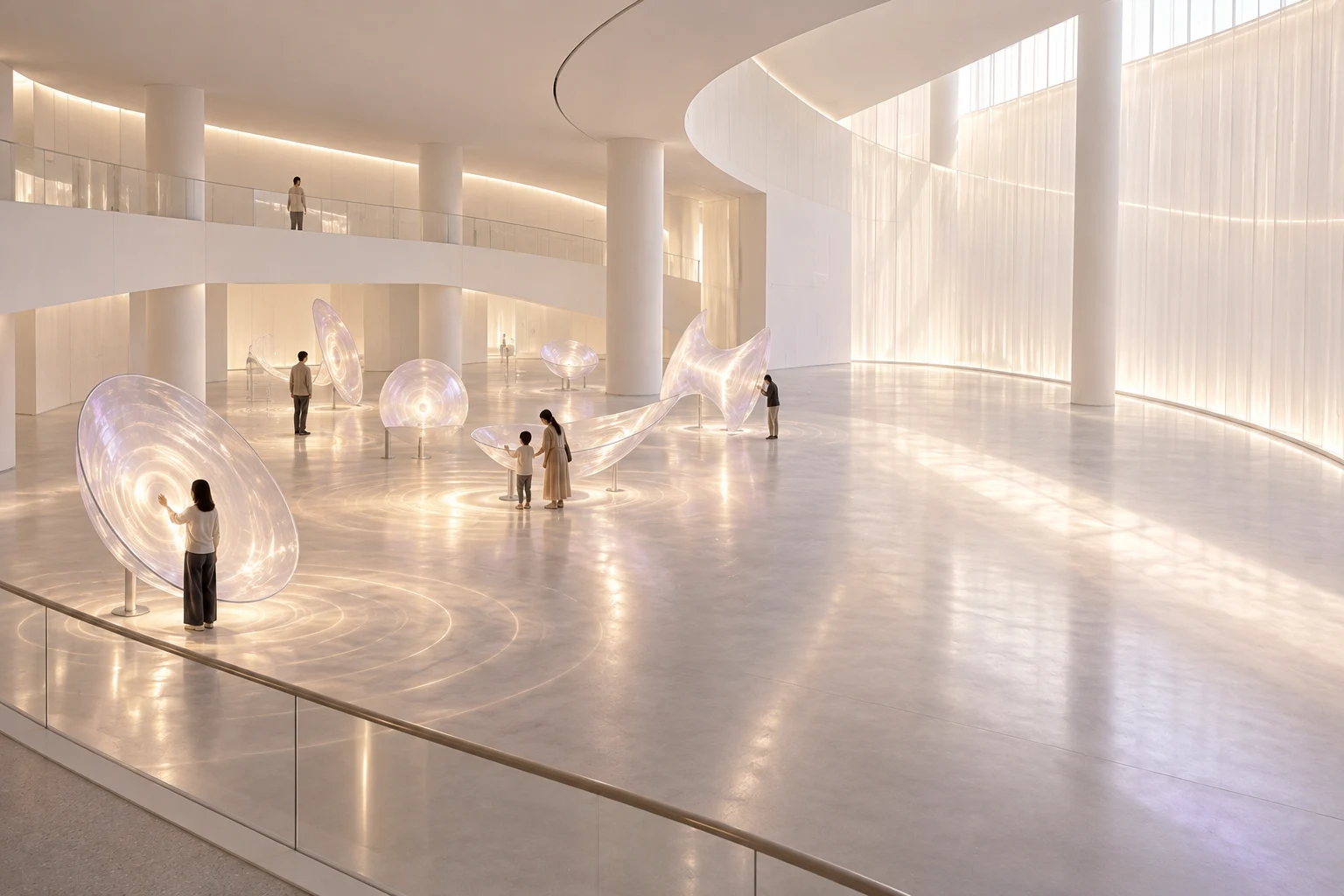 明るい展示室で、大人と親子がそれぞれ音と光の展示を楽しむ